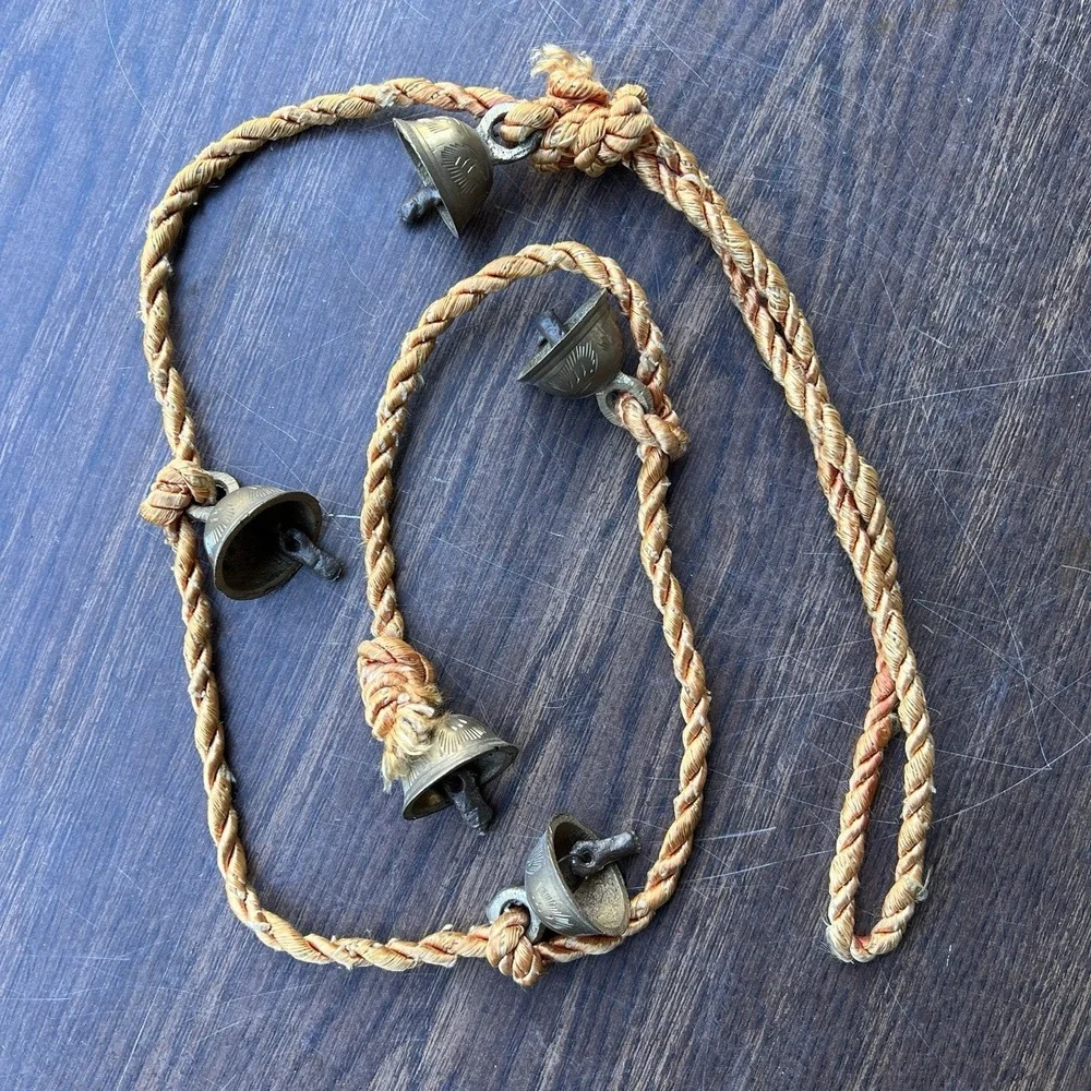 5 Vintage BRASS Bells On a Rope SARNA FARMHOUSE Door Chime